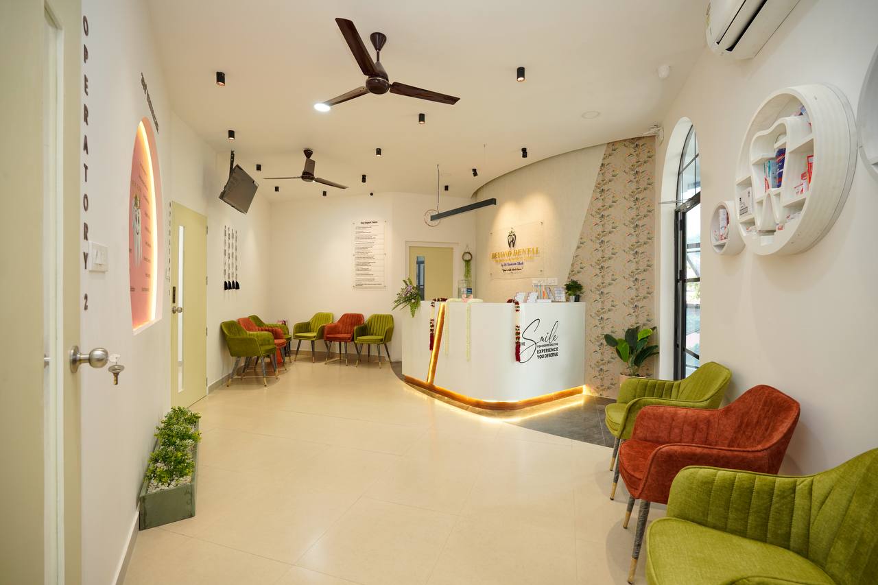 Beyond Dental waiting area and reception desk in Thiruvananthapuram